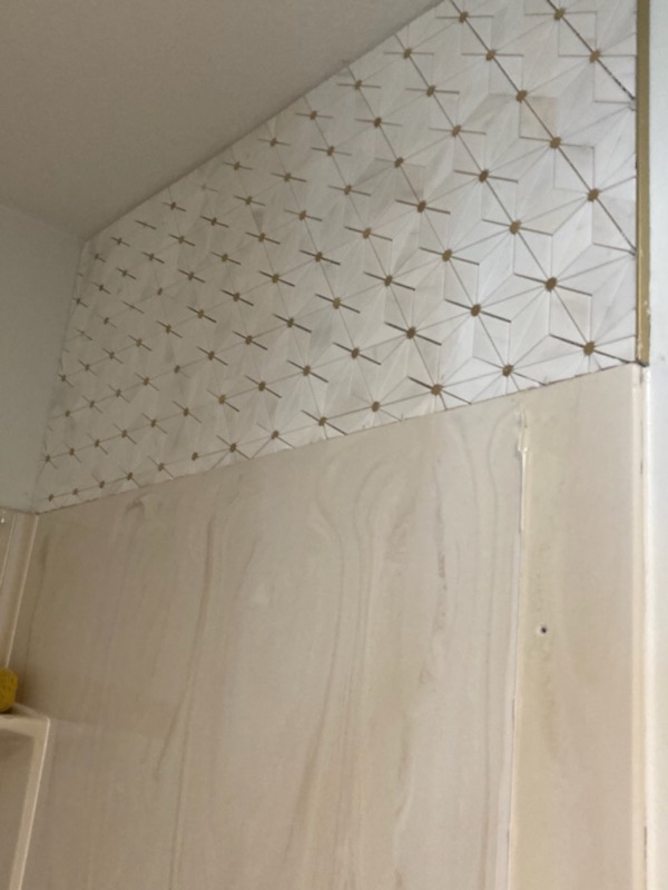 Detailed geometric tile installation in a Kansas bathroom.